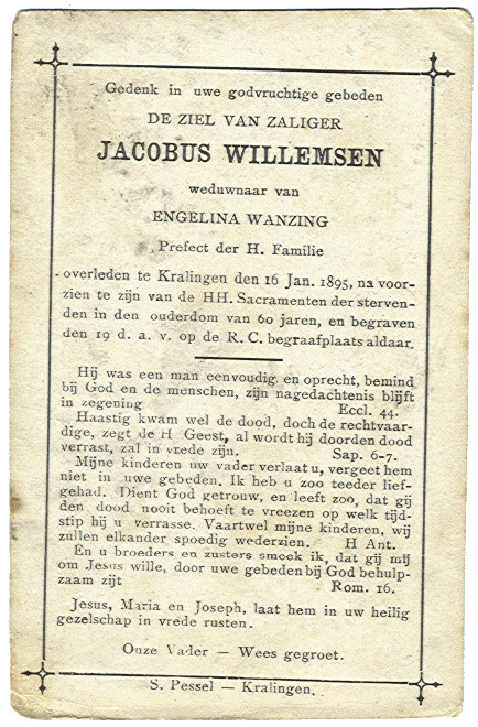 Achterkant bidprentje van Jacobus Willemsen