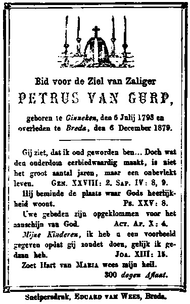 Achterkant bidprentje van Petrus van Geurp (Gurp)